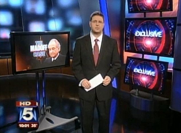 News anchor reports on the Madoff scandal, highlighted by a graphic of Bernie Madoff on a screen behind him in a studio setting.